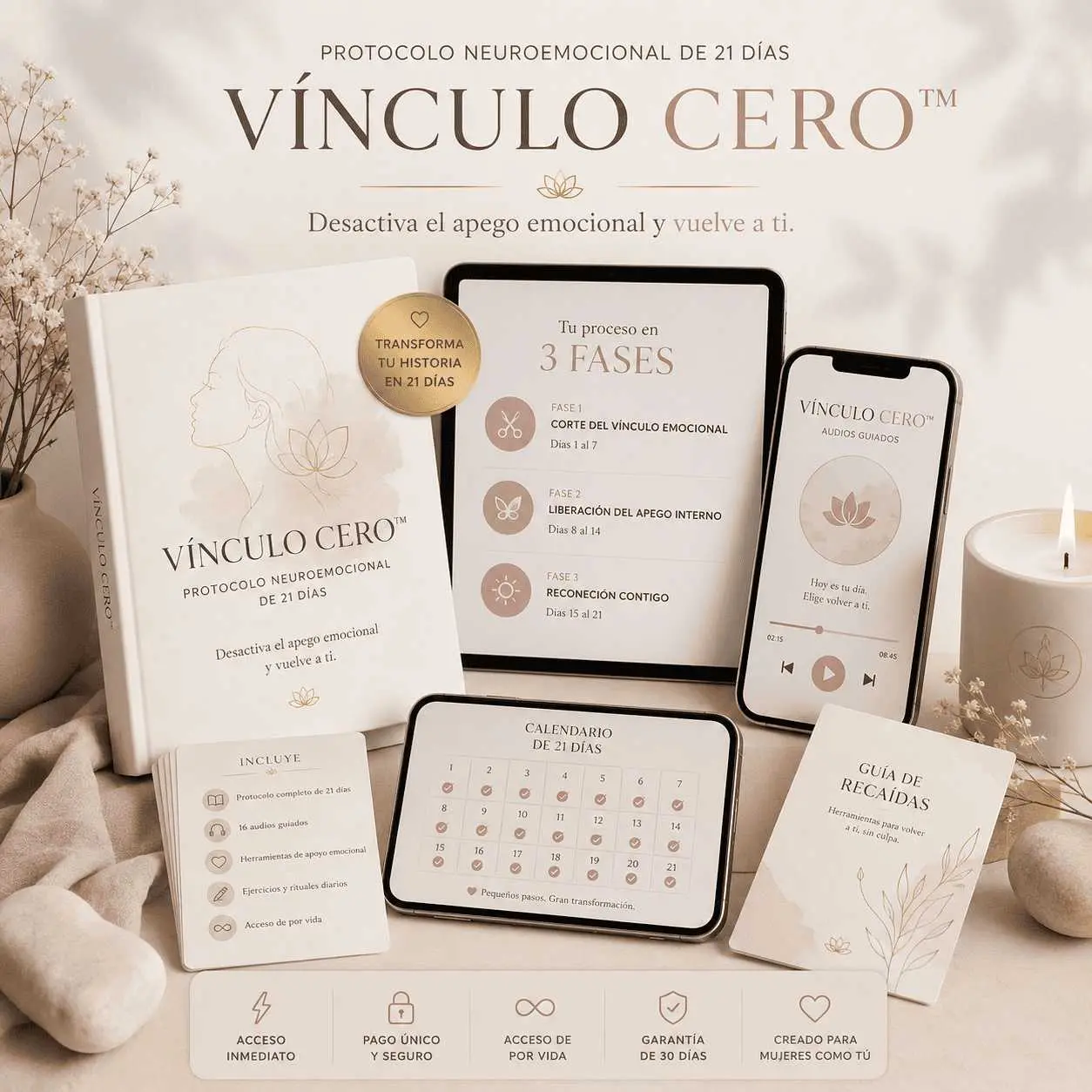 Todo lo que incluye Vínculo Cero™ — Protocolo completo, audios y herramientas